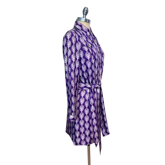 Elizabeth McKay Purple & White Print Silk Button-Down Shirt Dress With Belt Size - Picture 2 of 5
